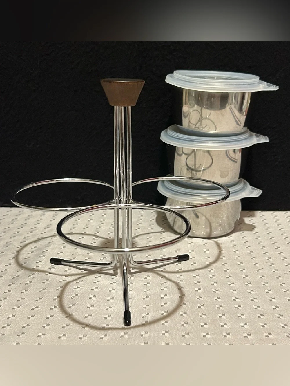 Vintage Stainless Steel Condiment Holder With 3 Bowls & Lids Wood Handle 8